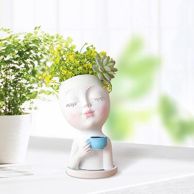 Горшок-кашпо для лица, горшок-голова, кофейная девушка, цветочный горшок, комнатный горшок-голова с закрытыми глазами, материал: смола, дренажное отверстие