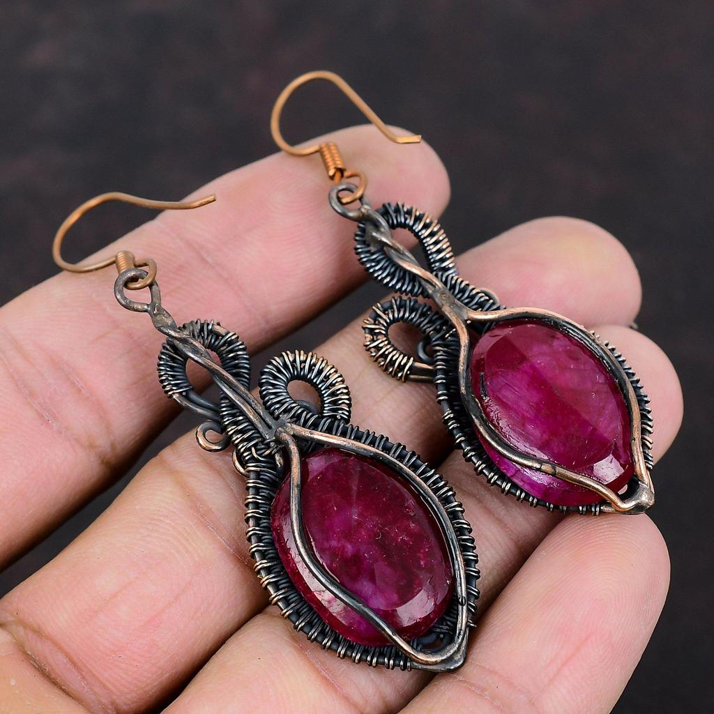 Граненые серьги с кашмирским рубином, медная проволока, серьги ручной работы, медные ювелирные изделия, подарок для женщин, серьги из натурального драгоценного камня, новые ювелирные изделия