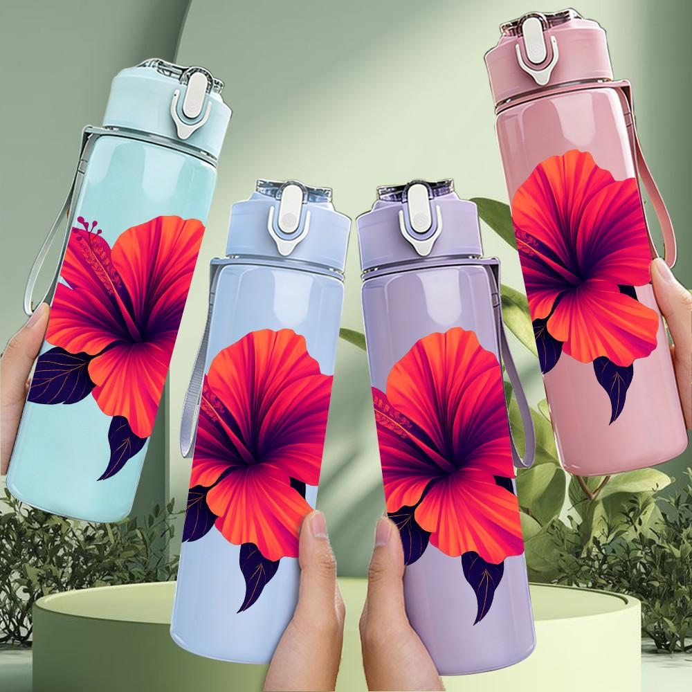 1PC Red Hibiscus Flower Illustration 750ml Color Plastic Sports Water Bottle Leakproof Flip Straw Lid Suitable for Sports Office Home Use
