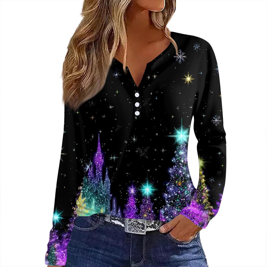 Женская футболка с рождественским принтом на пуговицах с длинным рукавом, повседневная, выходного дня, модная, базовая, с V-образным вырезом, обычная