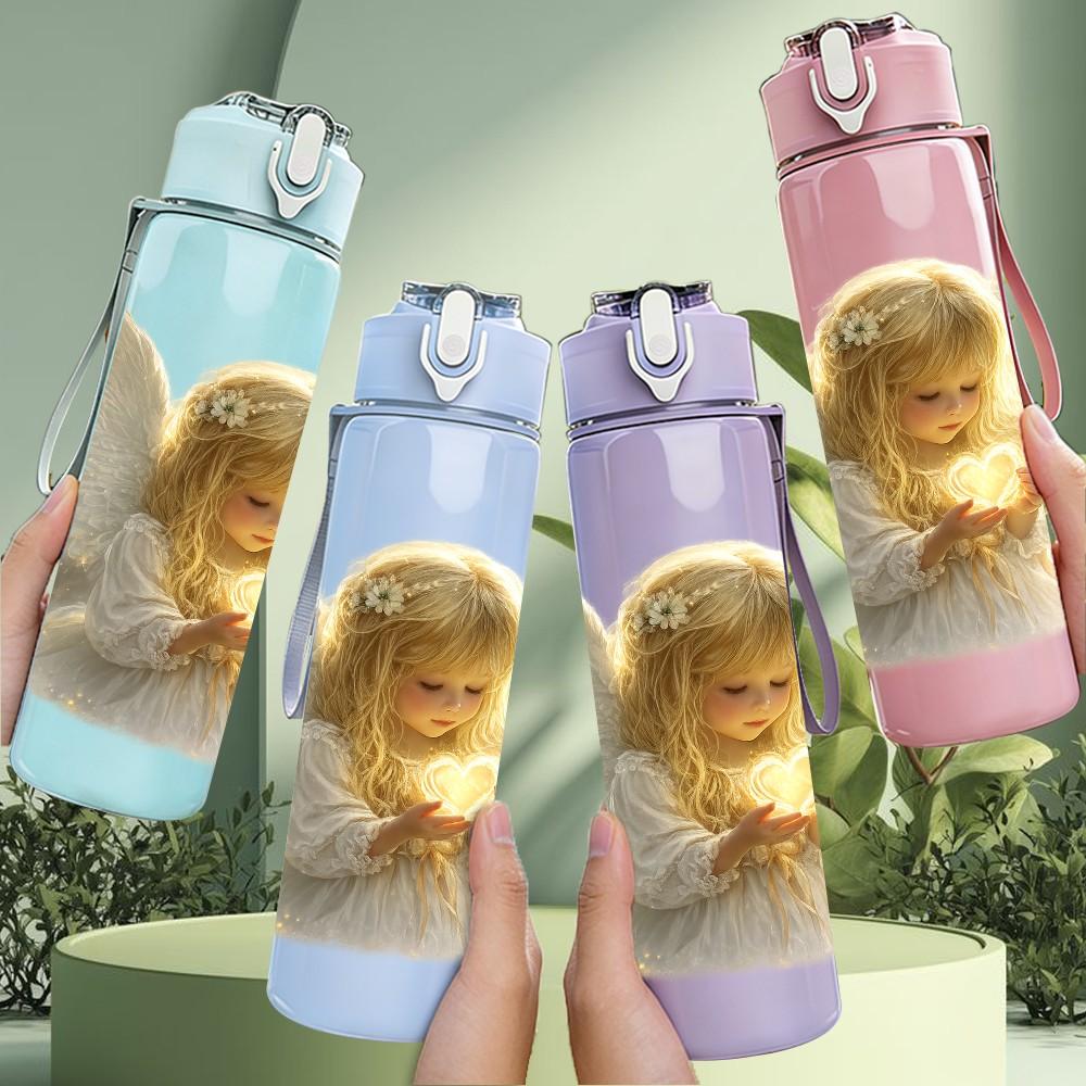 1PC Little Angel White Wing Art Print 750ml Color Plastic Sports Water Bottle Leakproof Flip Straw Lid Suitable for Sports Office Home Use