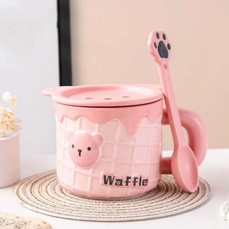 JUSTINLAU Ceramic Mug Cartoon Ice Cream Bear Flower Bird Water Cup Portable Breakfast Coffee Milk Oat Cups Home Office Drinkware