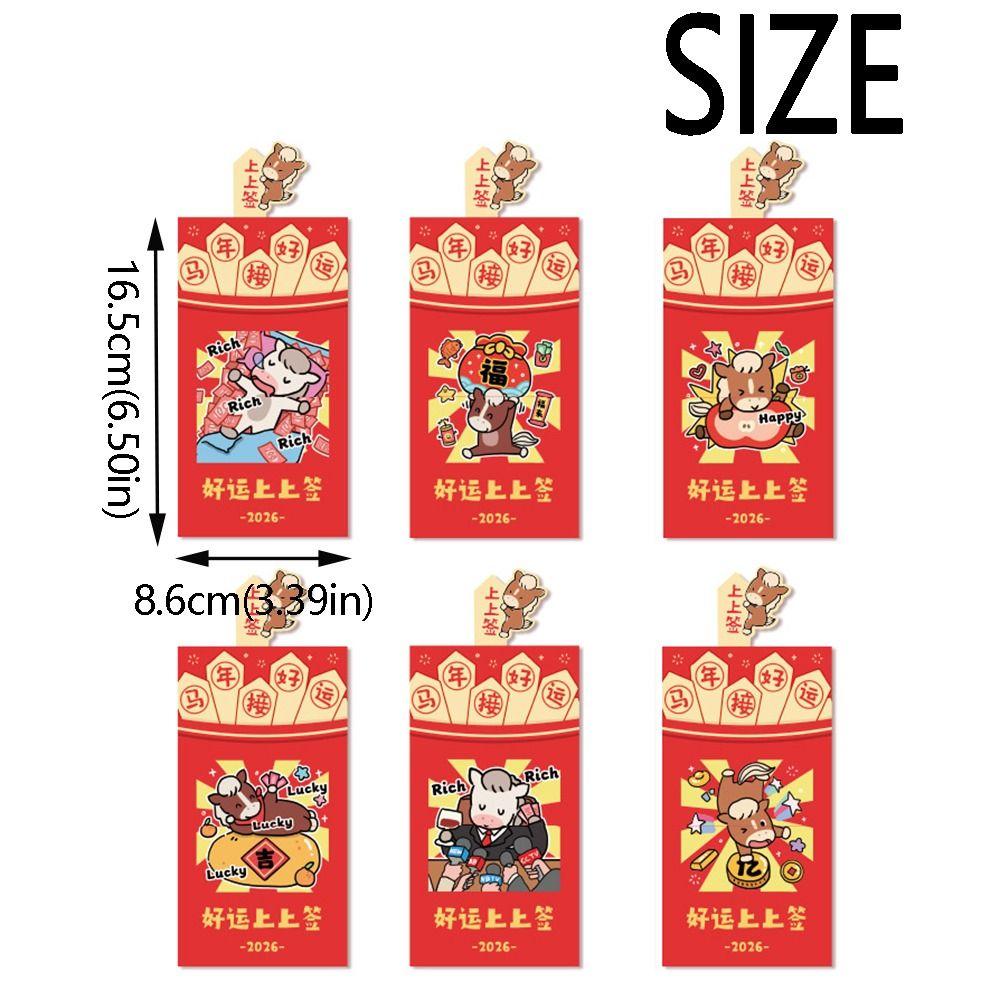 6Pcs/Set Creative 2026 Horse Year Red Envelope Paper Craft Cartoon Spring Festival Red Envelope Year of The Horse Bless Words