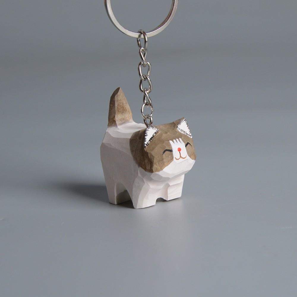 Cartoon Wooden Carving Cat Keychain Handmade Siamese Cat Keyring Ragdoll Cat Pendant Kids