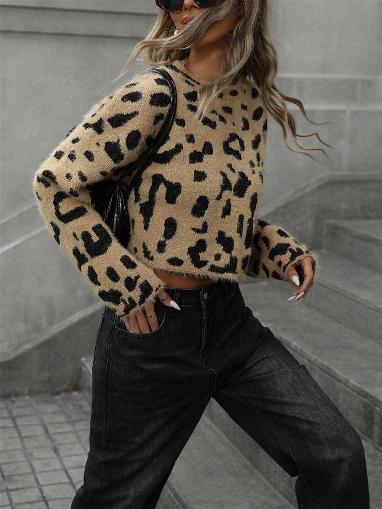 2024 Autumn/Winter Leopard Print Knit Sweater for Women - European & American Style