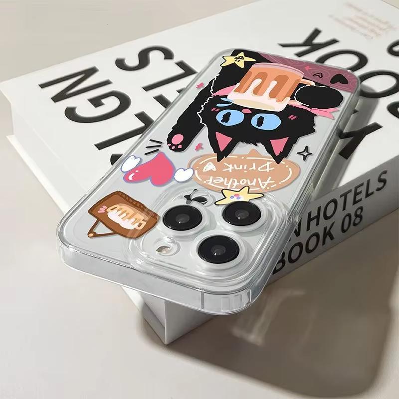 Cute Black Cat Strawberry Drink Clear Phone Case for iPhone 17 16 15 14 13 12 11 16E Series Pro Max Plus Double Layer Protection
