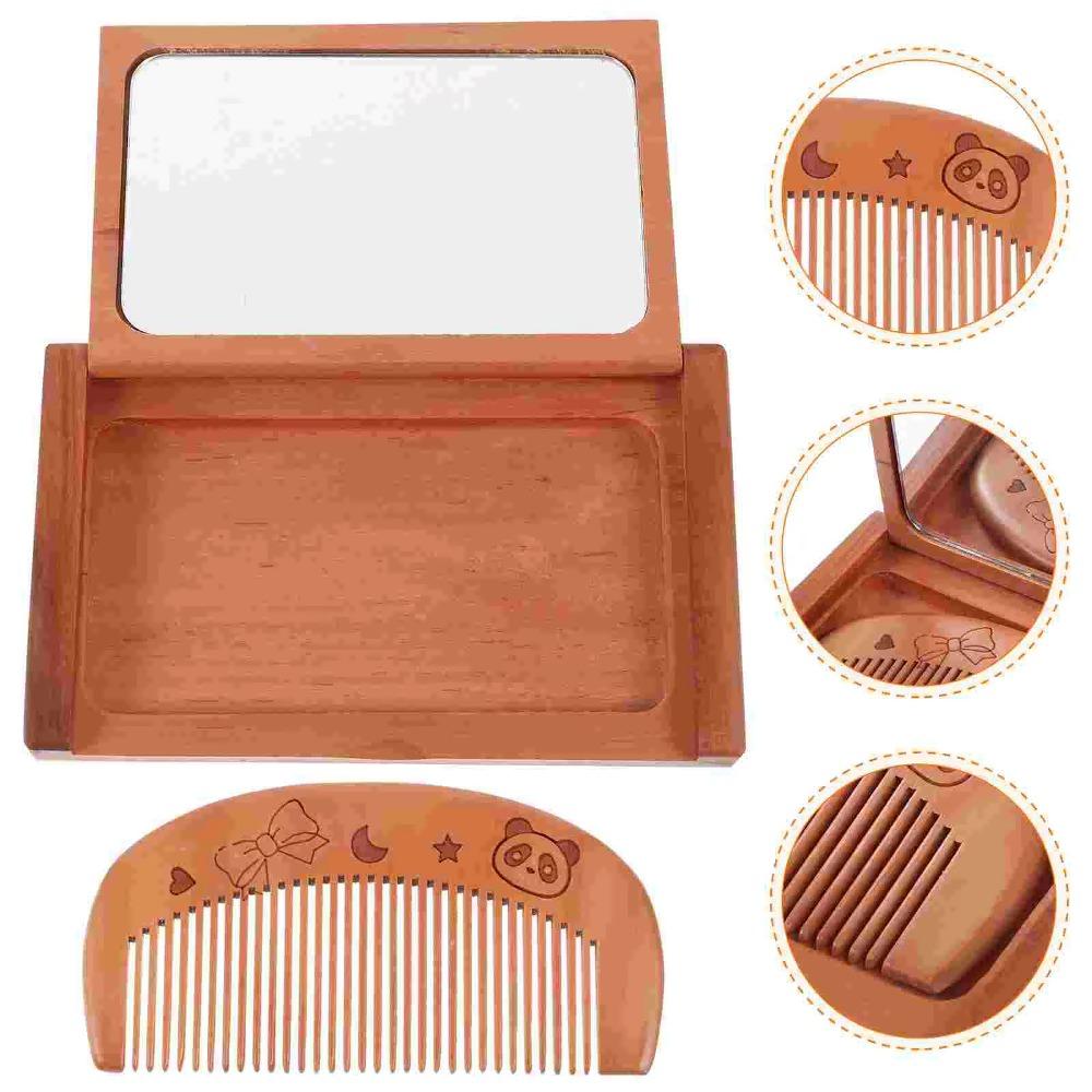 2 in 1 Wooden Comb Mirror Set Peachwood Makeup Mirror Portable Folding Mirror Travel & Home Decor