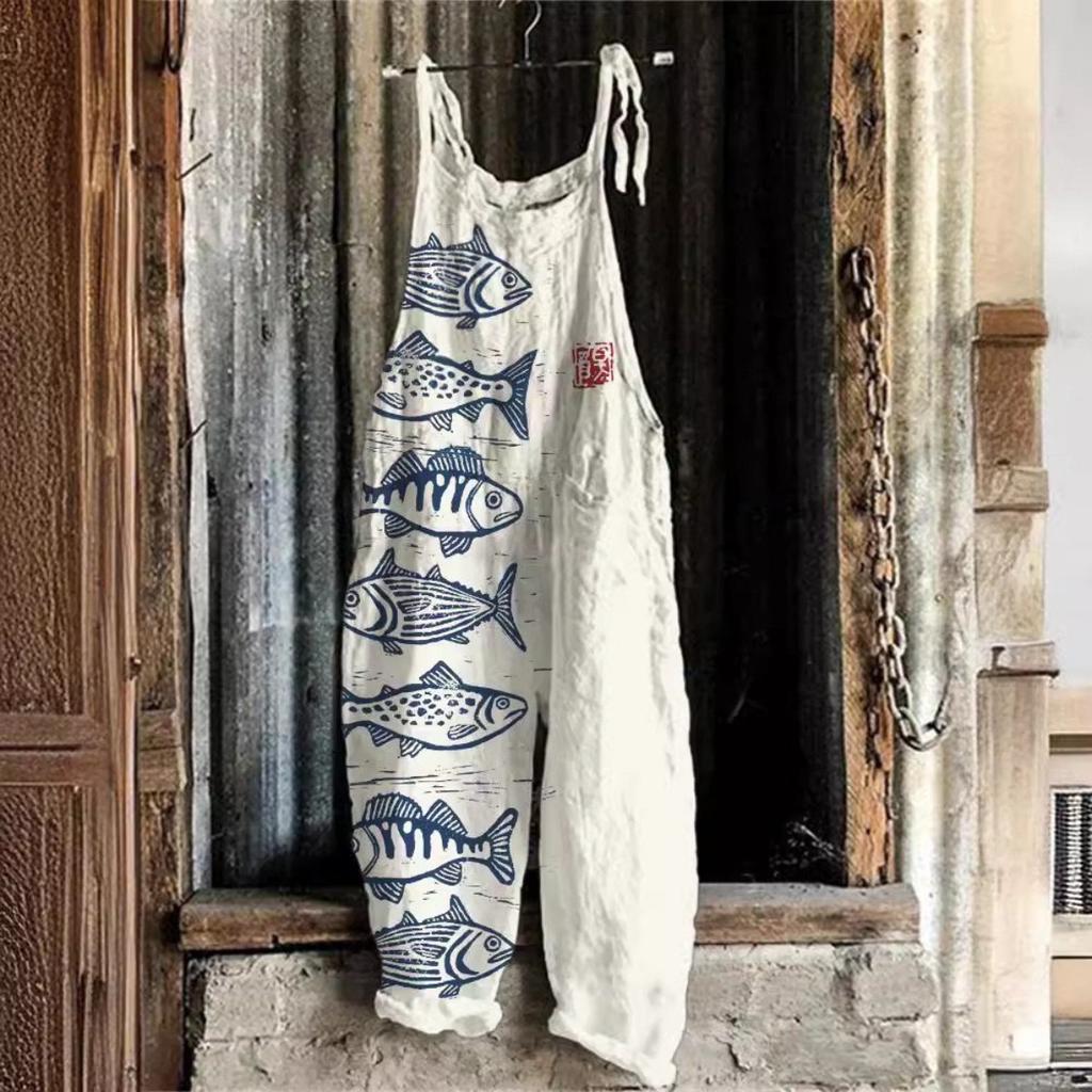 VIONA Suspenders Jumpsuits Women Print One Piece Pocket Overalls Sling Long Pants Casual Loose High Waist Rompers Y2k Streetwear
