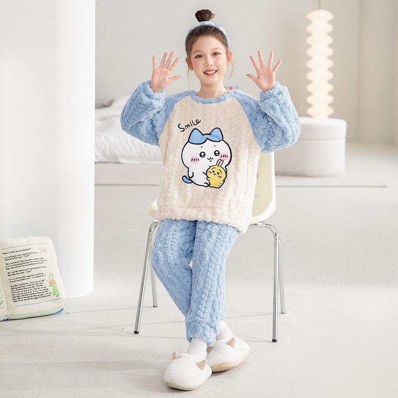 Kids Flannel Pajamas Set Boys Girls Warm Long Sleeve Top And Pants Sleepwear Winter Home Nightwear