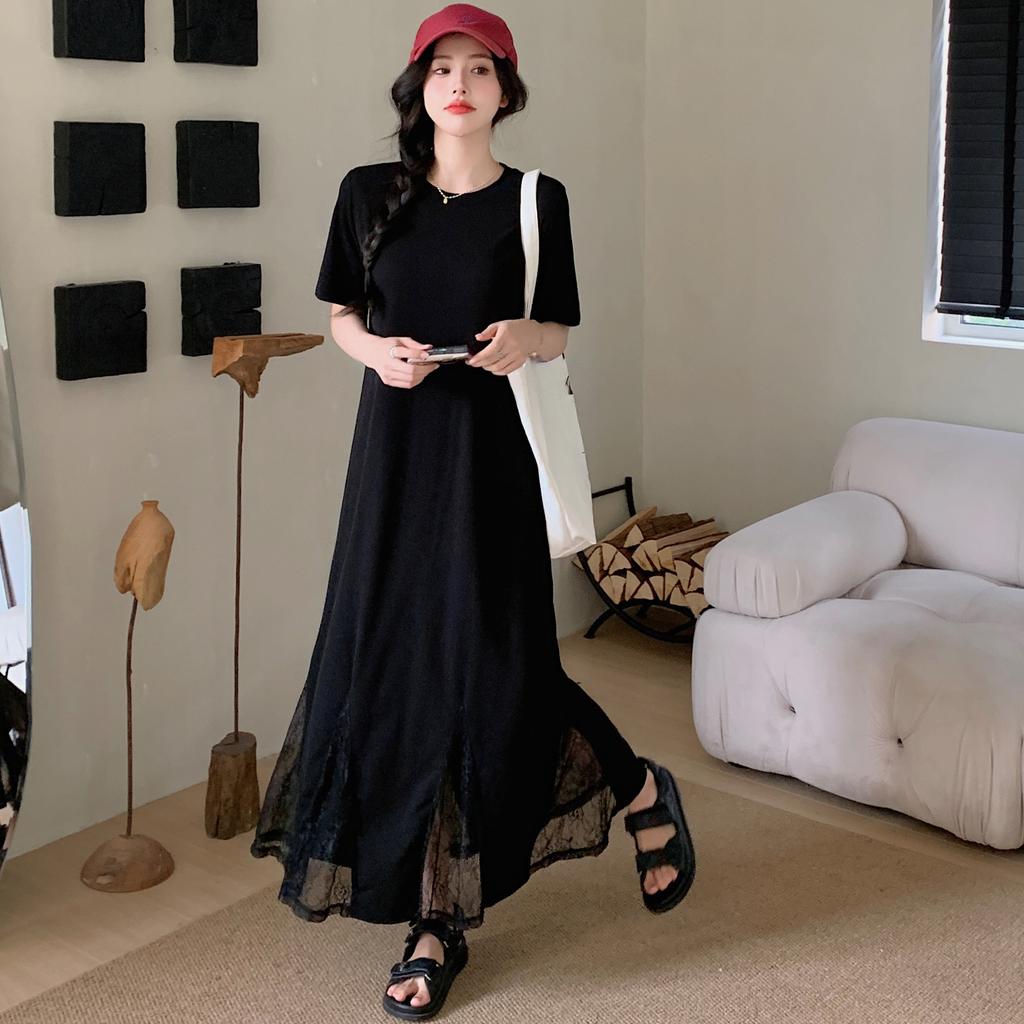 DIMANAF Женщины 2025 Лето Большой Размер Повседневное С Коротким Рукавом Оверсайз Длинное Платье-Рубашка Кружево Свободное Платье Новое Плиссированное