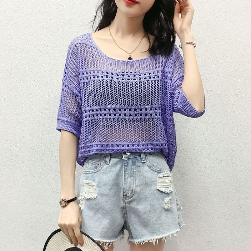 Female Hoodie Leisure, Elegant, Sexy Spring Hollow Round Neck Short Sleeve Knitted Top Summer Short-sleeved Hollowed Out Knit Shirt