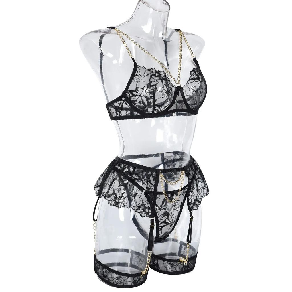 Sexy Lace Mesh Suspender Lingerie Set for Women Three Point Underwear Bodysuit
