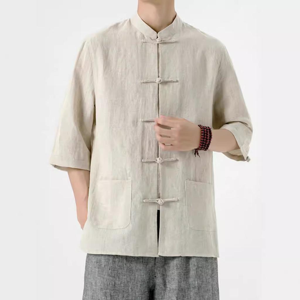 Мужская льняная рубашка в китайском стиле, костюм в китайском стиле Тан, мужская рубашка из хлопка и льна с рукавом три четверти, летний воротник-стойка в стиле ретро