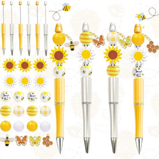 Acrylic And Wooden Beads for Pens Sunflower Bee Beaded Ballpoint Pen Set, DIY Easy Assemble Handmade Making Supplies Kits, Smooth Writing Pen,