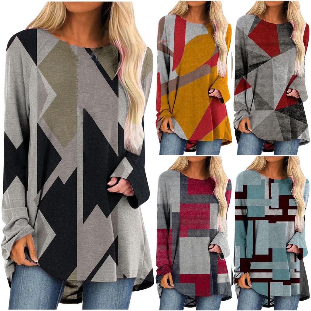 Women's Fashion Casual Irregular Patchwork Color Print Loose Medium Long Long Sleeve Top
