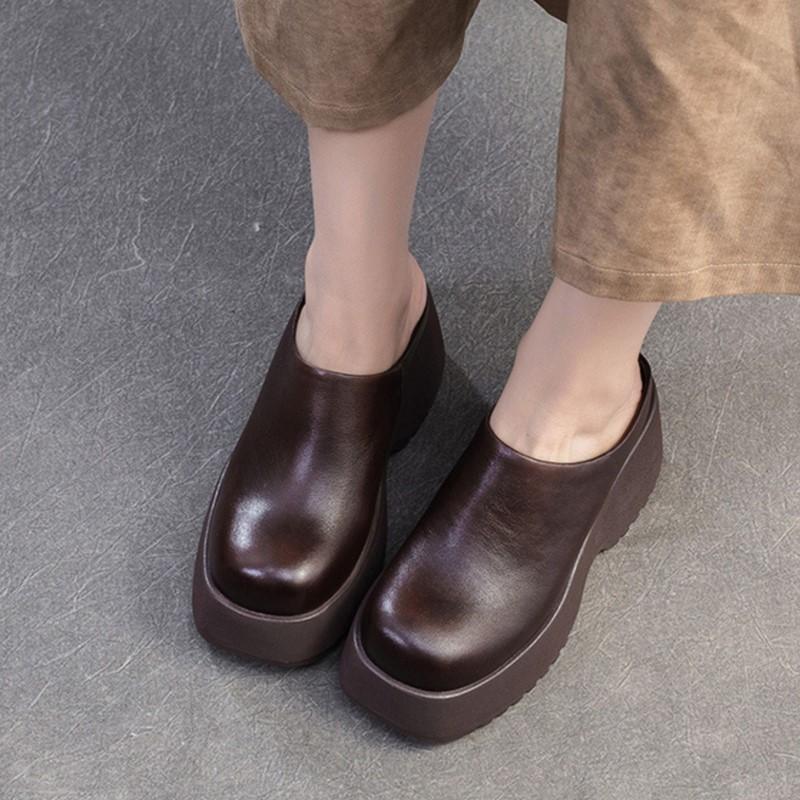 Johnature Тапочки на толстой танкетке с толстой подошвой из натуральной кожи в стиле ретро, однотонные женские туфли на платформе