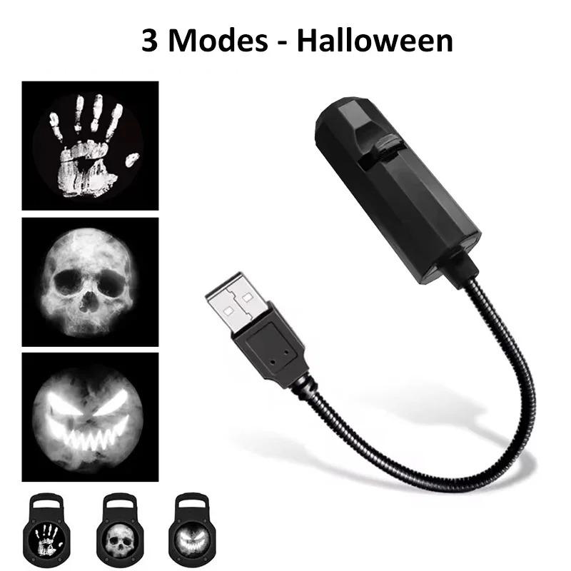 USB Halloween Projector Light 3 Modes Rotatable Spooky Projector LED Skull Ghost Pumpkin Projection Lamp for Party Wall Ceiling