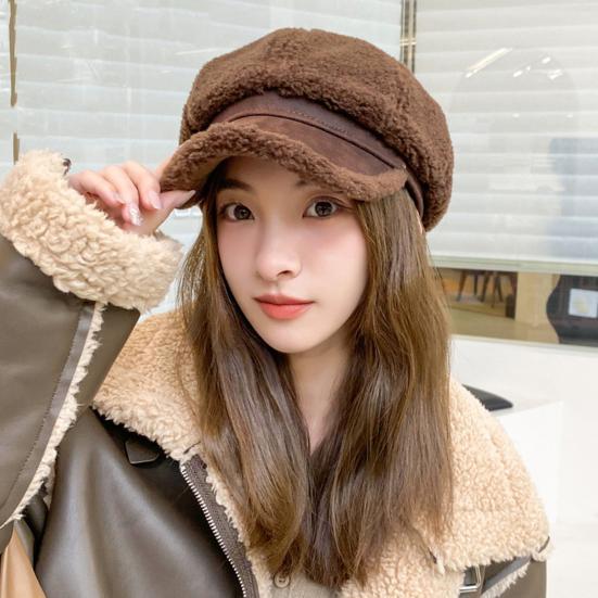 Winter Octagonal Cap Thick Plush Short Brim Contrast Color Keep Warm Peaked Cap Literary Retro Style Headwear for Work Travel Daily Wear