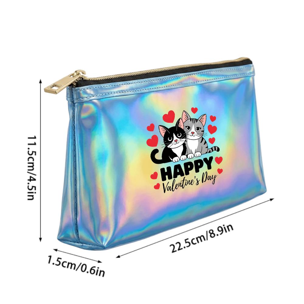 Cute Cat and Heart Pattern Laser Cosmetic Makeup Bag, Holographic Travel Toiletry Organizer Pouch for Girls Women Daily Accessory Storage