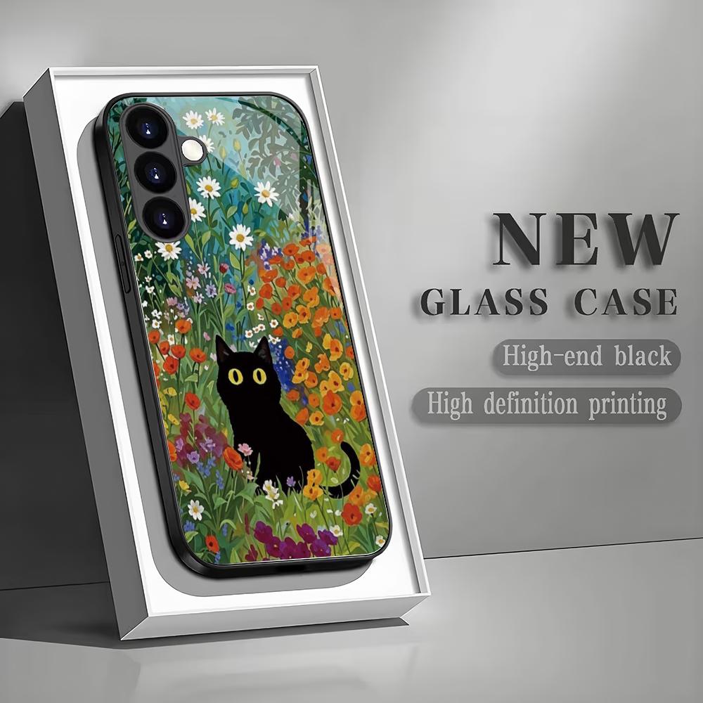 Чехол для телефона из закаленного стекла «Кошка в цветах» подходит для Samsung Galaxy S26 S25 S24 S22 S21 S20 FE/Ultra/Plus противоударный