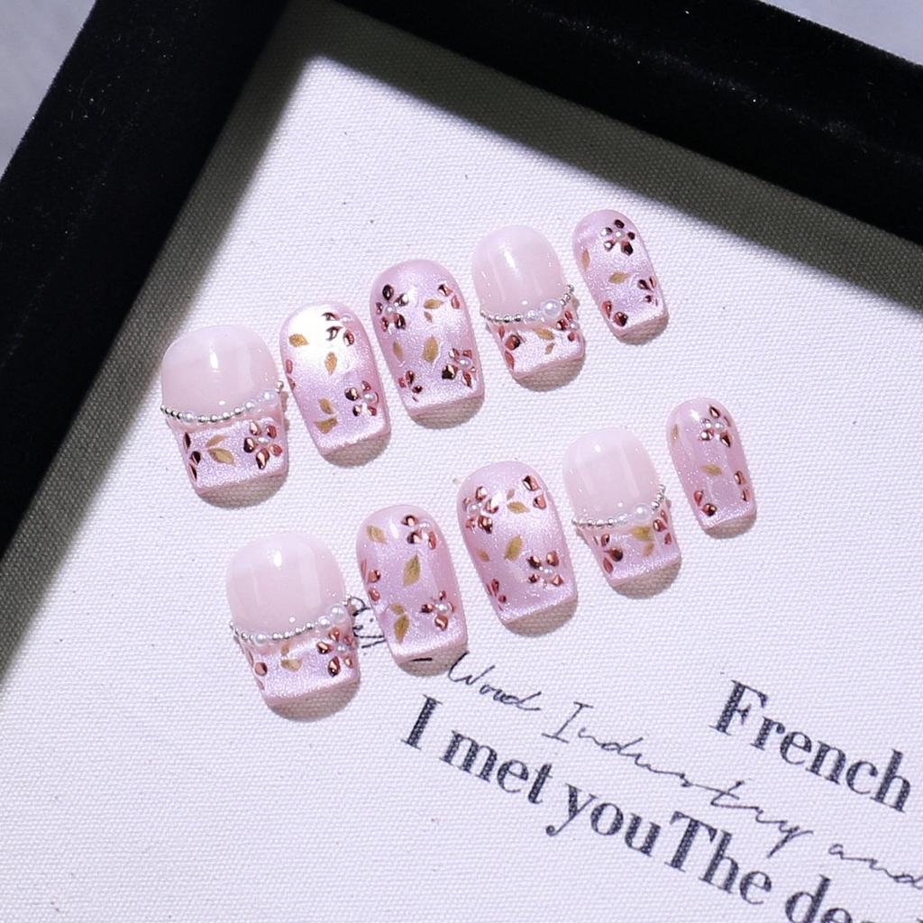 10Pcs Sweet Handmade Press On Nails Flower Butterfly Glossy Diamond Full Cover Acrylic Fake Nail Tips Art