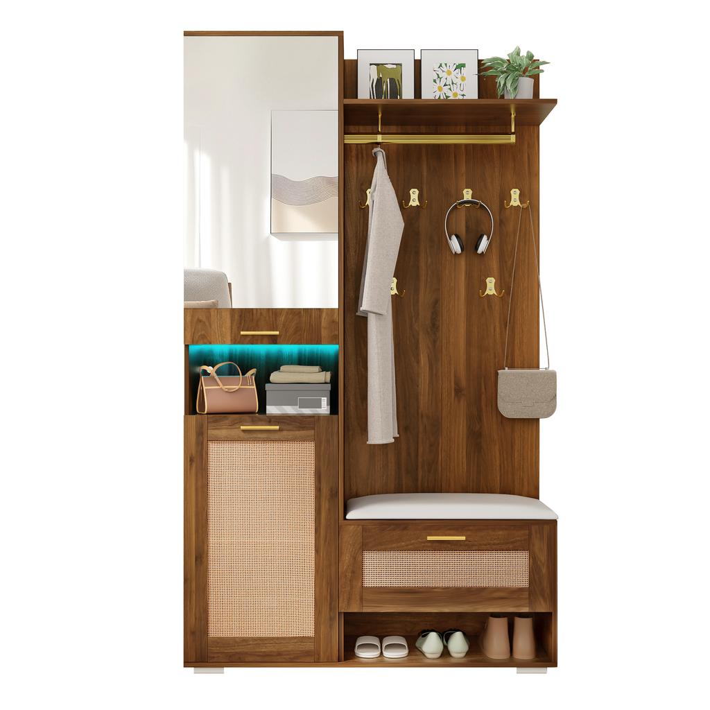 Hallway Set, Wardrobe Set with Mirror, 6 Golden Coat Hooks, Shoe Cabinet, Wall Coat Rack, Upper Storage Compartment, Bench and 16-Color LED Lighting