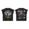 Mens Distressed Washed Vintage Graphic Tee With Rhinestone Embellishment Loose Fit Short Sleeve Cotton T-Shirt