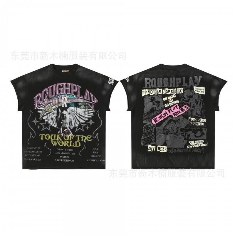 Mens Distressed Washed Vintage Graphic Tee With Rhinestone Embellishment Loose Fit Short Sleeve Cotton T-Shirt