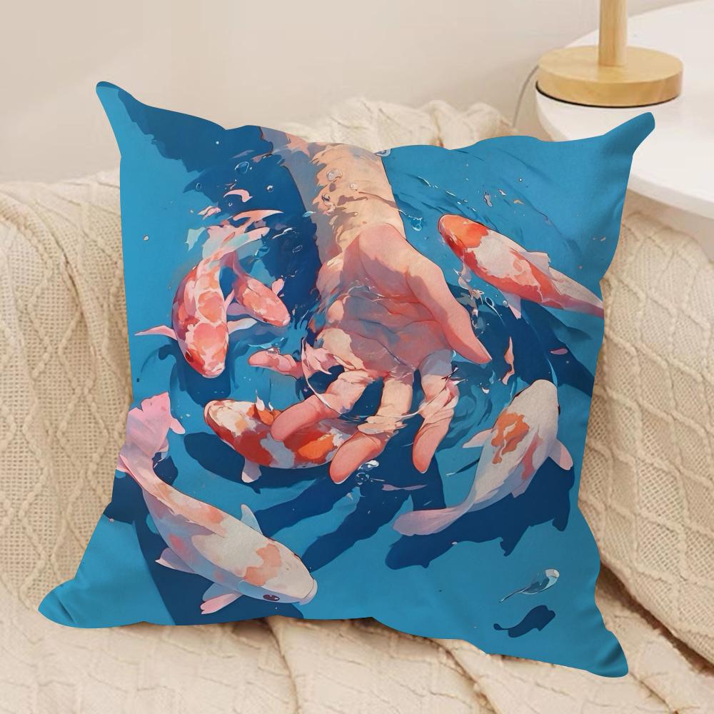Auspicious koi carp Cushion Cover Soft Plush Fabric Double-Sided Printed Sofa Cushion Cover for All Seasons Home Decor Gift