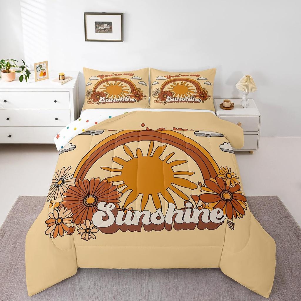 Boho Rainbow Bedding Set For Girls Twin,Cute Bohemian Eyes Moon Sun Comforter Set Kawaii Cloud Dream Catcher Bedding Comforter Sets For Kids
