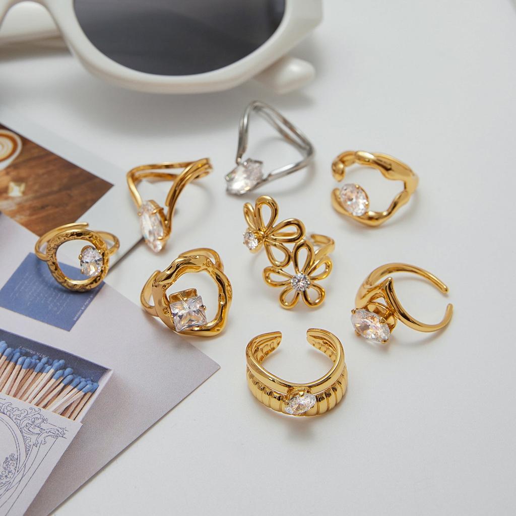 Youthway Белый Циркон Паве Металлическое Геометрическое Кольцо из Нержавеющей Стали Модное Украшение на Палец Водонепроницаемое Минималистичное Регулируемое Кольцо