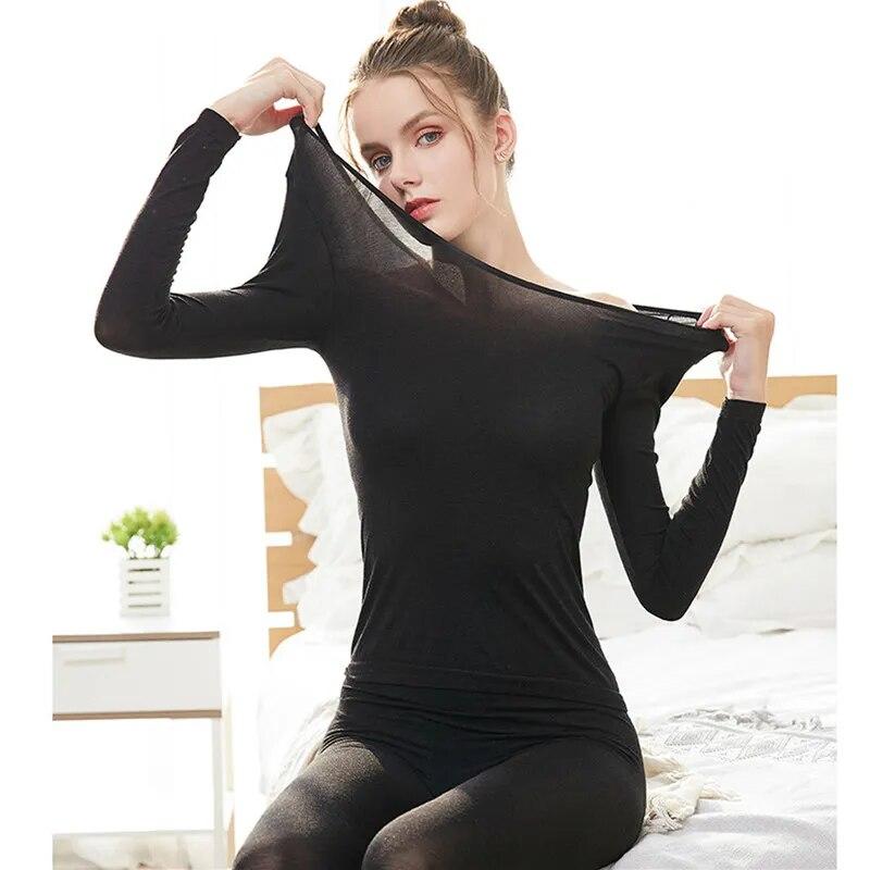 Traceless Thermal Underwear Set for Women Ultra-Thin Intimate Pajamas Winter Constant Temperature Long Sleeve Lingerie 2pcs Suit