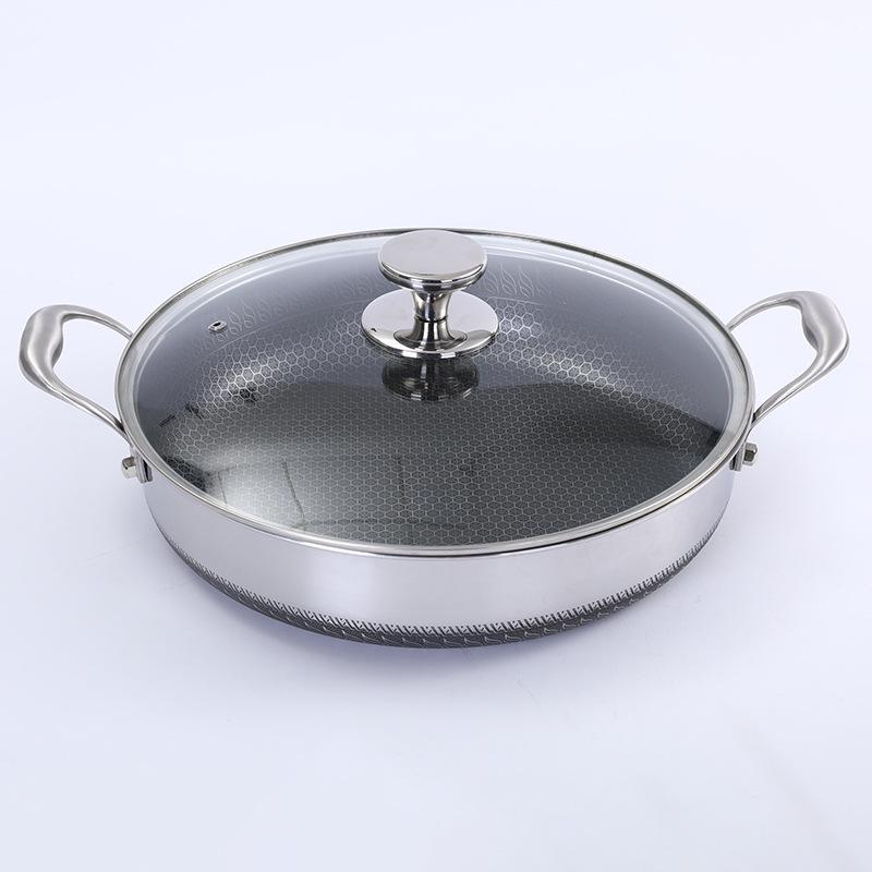 Сковорода из нержавеющей стали 316 с двойными ушками и сотовым покрытием, антипригарная, с крышкой, плоским дном, без покрытия.