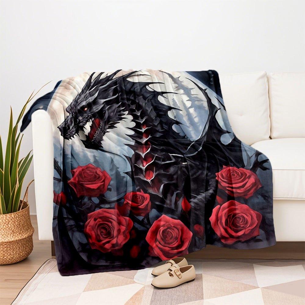 "Dark Fantasy Dragon with Red Roses Wall Art Print"Blanket Flannel Throw Blanket for Sofa, Bed, Travel, Camping, Office, Couch, Chair, And B