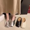 Women Mules  Summer Elegant Square Closed Toe Flat Slippers Female Shoes Casual Leather Black White Slides Plus Size 35-42