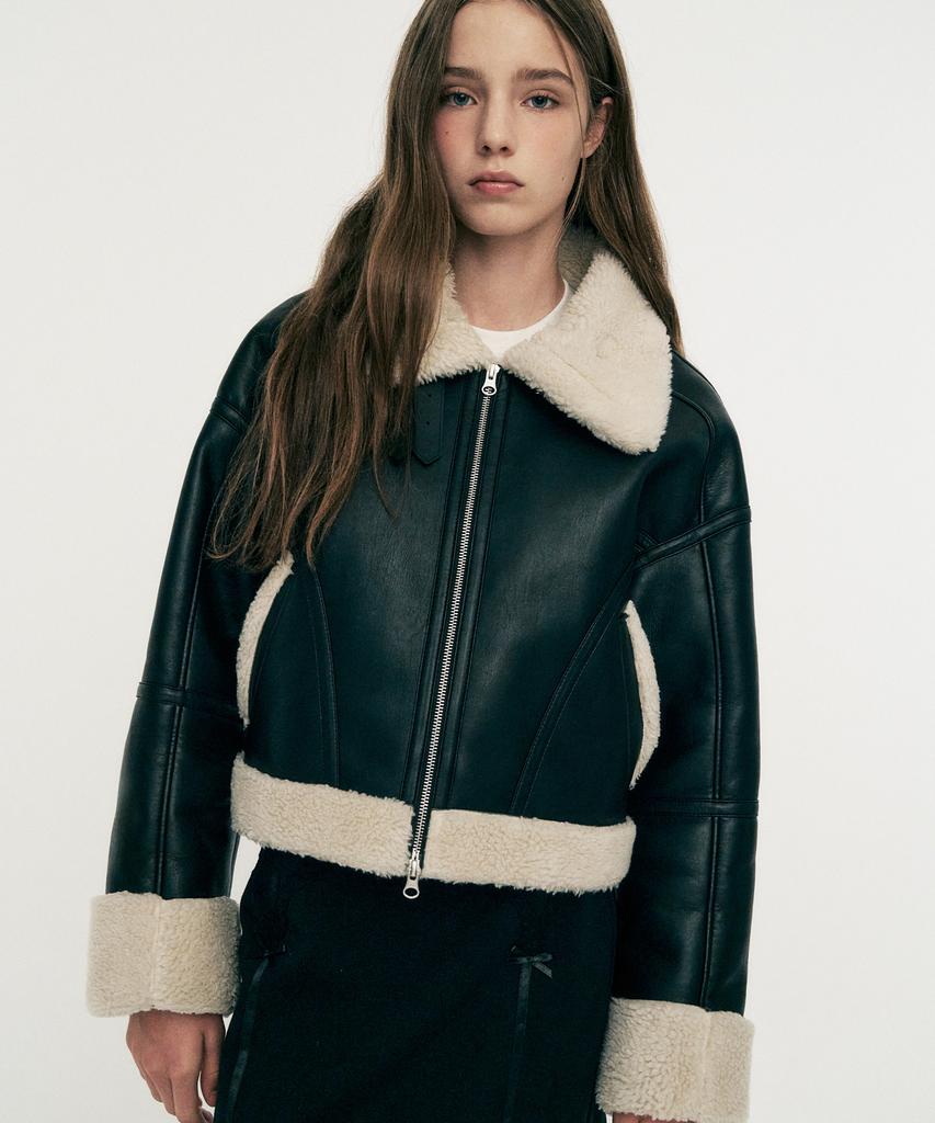 Lieméque Wide Collar Shearling Jacket Black
