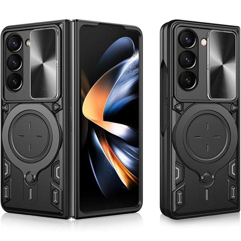Чехол для Samsung Galaxy Z Fold 7 6 5 с магнитным креплением для камеры, защитным кольцом и подставкой на 360 градусов.