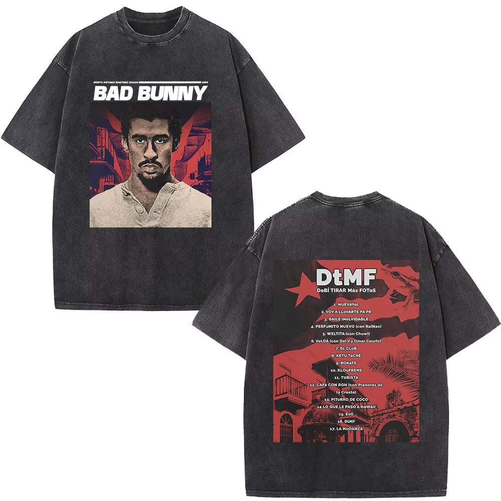 Футболка Bad Bunny с винтажным эффектом Washed Debi Tirar Mas Fotos DTMF World Tour Мужская мода Хип-хоп Футболки Streetwears