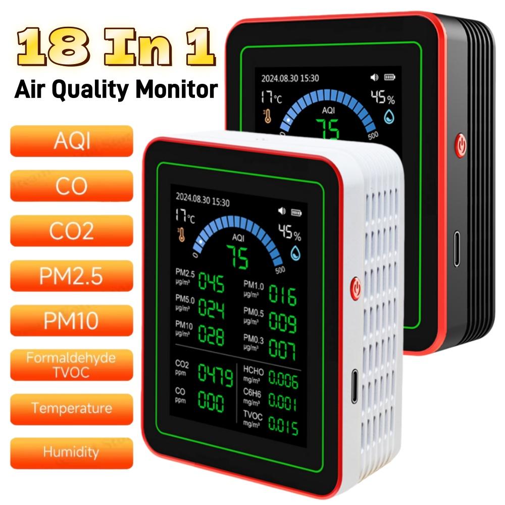 18-в-1 Монитор качества воздуха с CO2/HCHO/TVOC/Температурой/Влажностью, TFT-дисплей, Измеритель качества воздуха для дома, офиса, школы