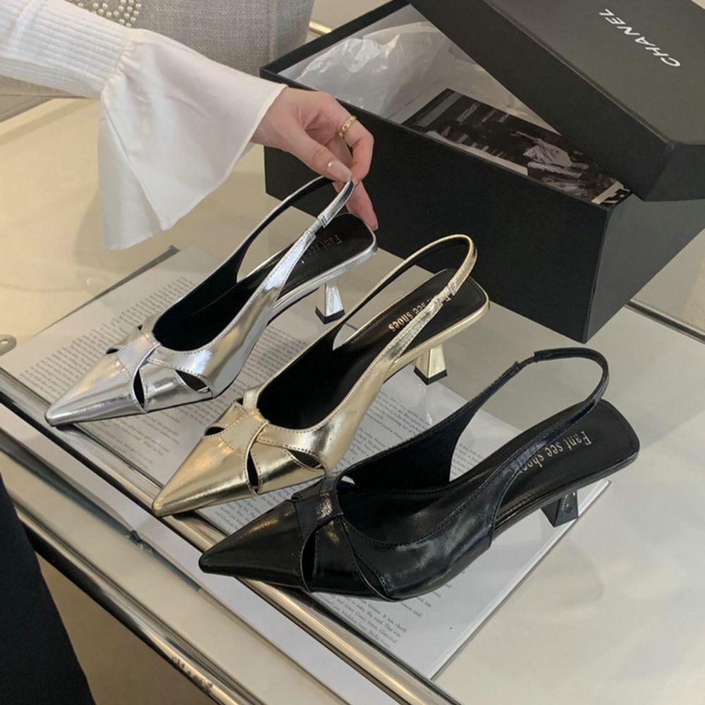 Мода Модные женские босоножки с острым носком Летние туфли на тонком высоком каблуке Черные Серебряные Золотые эластичные черные Золотые Серебряные ремешки сзади 39