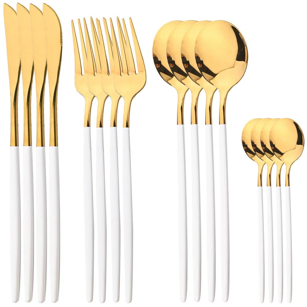 16Pcs Cutlery Luxury Golden Flatware Set, Stainless Steel Kitchen Dinner Spoons,Dinner Spoon Forks, Dinner Knives Silverware