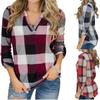 Women Vintage V-neck Loose Tops Long Sleeve Stylish T-shirt With Plaid Casual Design
