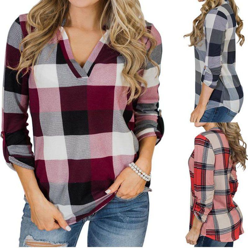 Women Vintage V-neck Loose Tops Long Sleeve Stylish T-shirt With Plaid Casual Design