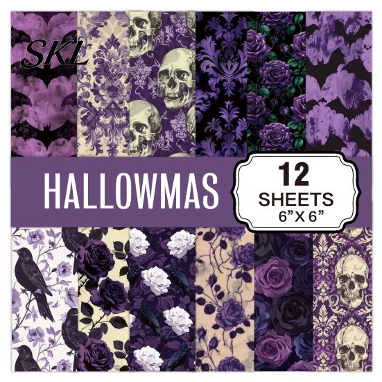 Hand Collage Paper 12 Sheets Purple Gothic Halloween Scrapbook Paper, Double Sided Decorative Craft No Burrs Cutting for Card Making, Origami,