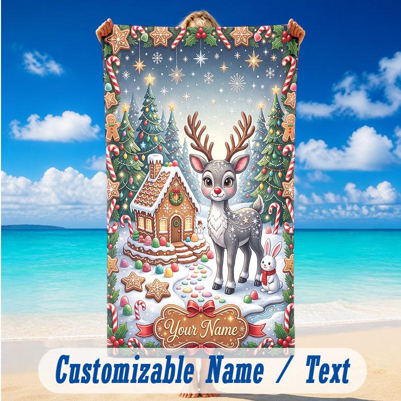 Christmas Theme Beach Towel Personalized Custom Name & Text Soft Quick Dry Beach Towel for Swimming Travel