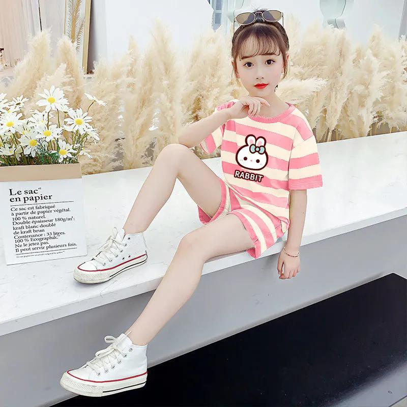 Детский костюм, летний корейский комплект с 3D принтом в тонкую розовую полоску для девочек, повседневные студенческие шорты, комплект из двух предметов