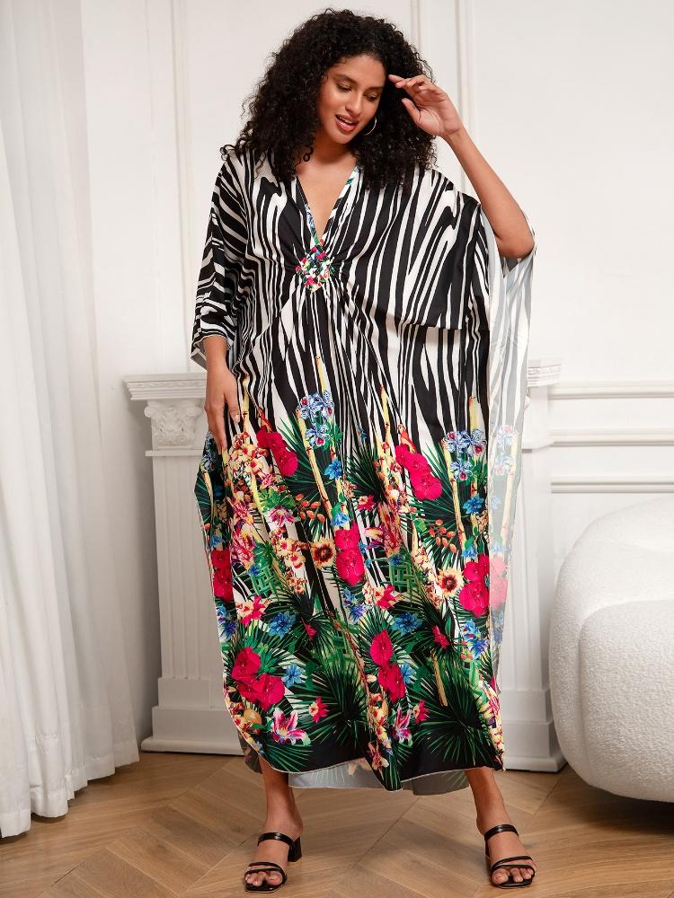 EDOLYNSA Привлекательный полосатый женский халат-кафтан, домашнее платье, уютная легкая куртка, непринужденная домашняя одежда, длинное платье для отпуска и вечеринки Q1289