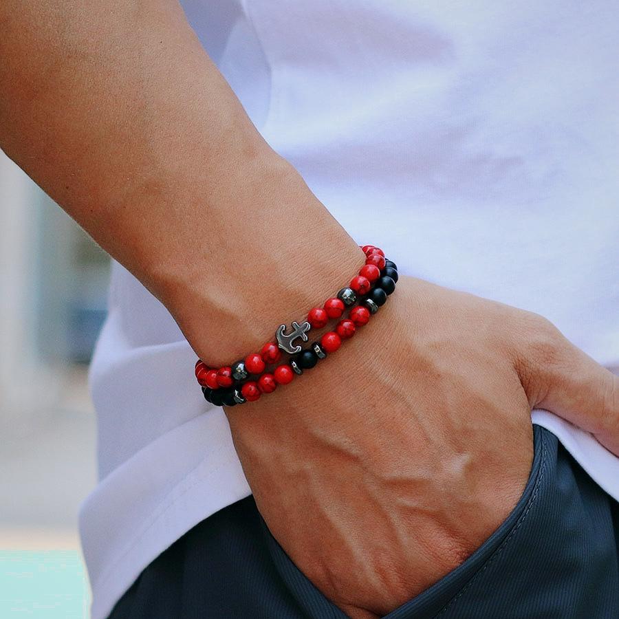 Unique 2Pcs/Set Anchor Bracelet For Men 6mm Natural Howlite Tiger Eyes Stone Braclet Homme Healing Jewelry Set Gift For Him