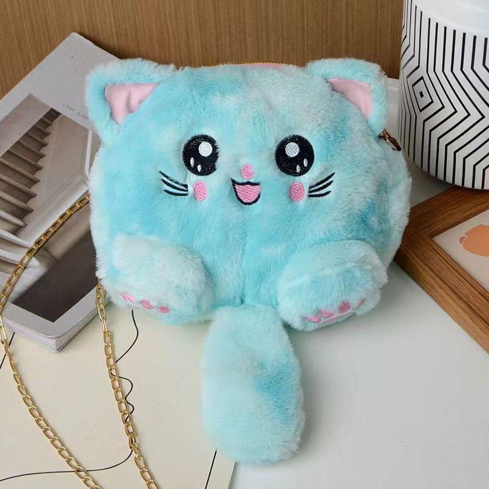 Rainbow Cat Shoulder Bag Faux Fur Stuffed Doll Bag Portable Plush Crossbody Bag  Streetwear