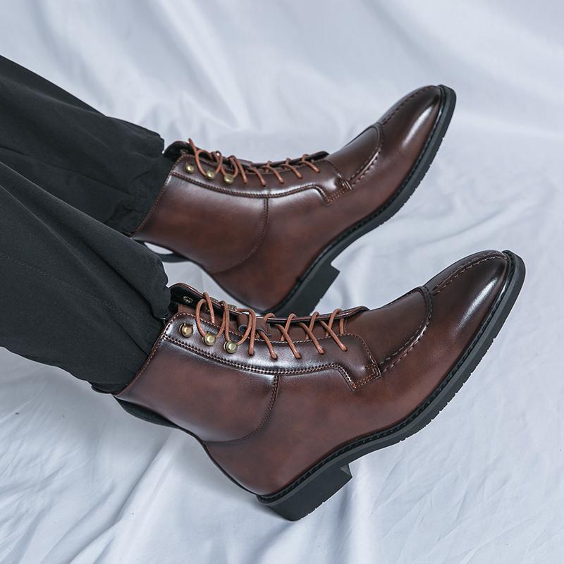 Fashion Autumn Winter European Men's Long Boots Street Style Lace-up Pointed Toe High-top Knight Boots Black Short Boots Combat Boots 46